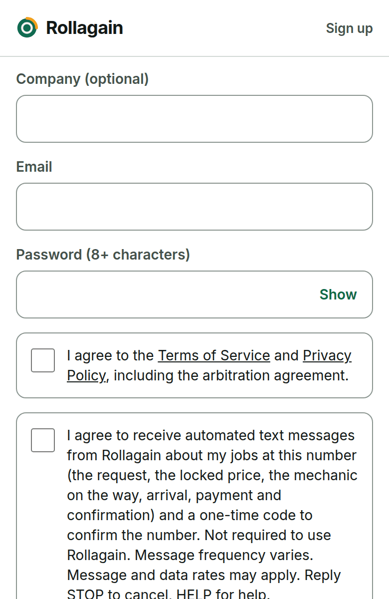 The signup page at phone width: the unticked consent box above the button.